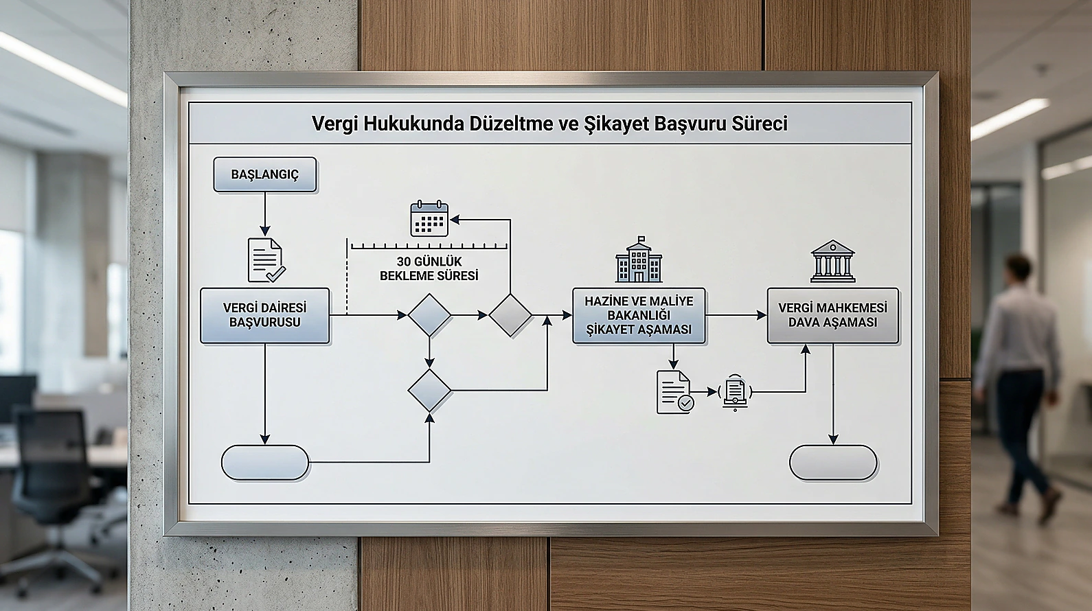 Vergi hukukunda düzeltme ve şikayet yolu aşamalarını gösteren usul akış şeması.