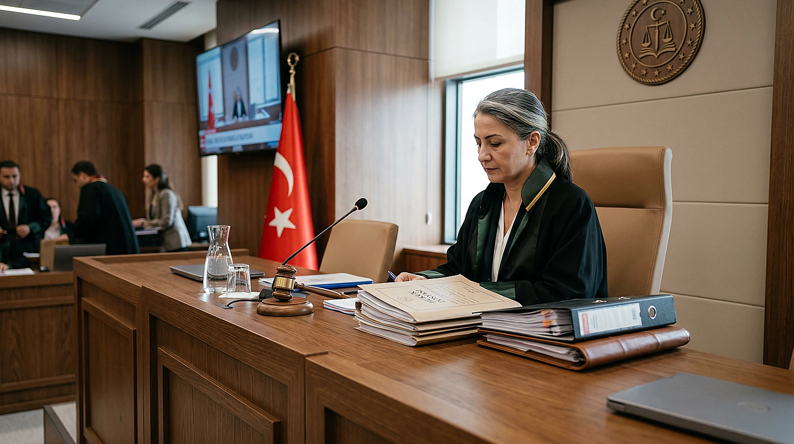 Vergi mahkemesi kürsüsü ve yargılama düzenini temsil eden detay.