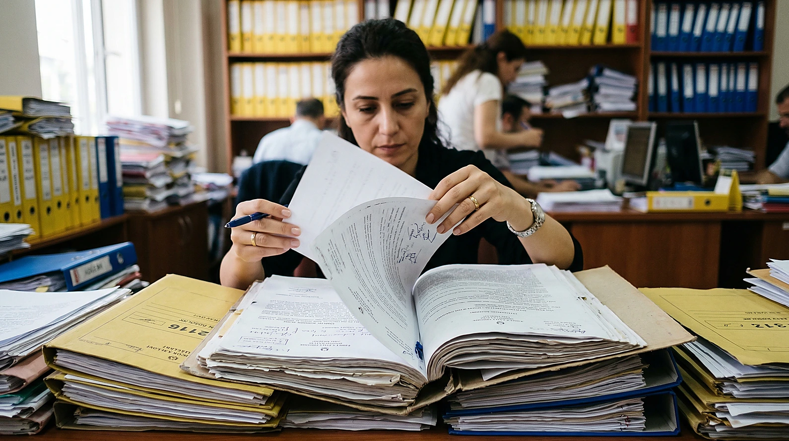 Hukuk profesyonelinin vergi suçu dosyasını inceleme anı.