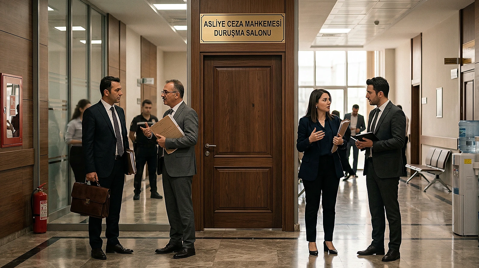 Asliye ceza mahkemesi önünde vergi ceza yargılaması süreci temalı görsel.