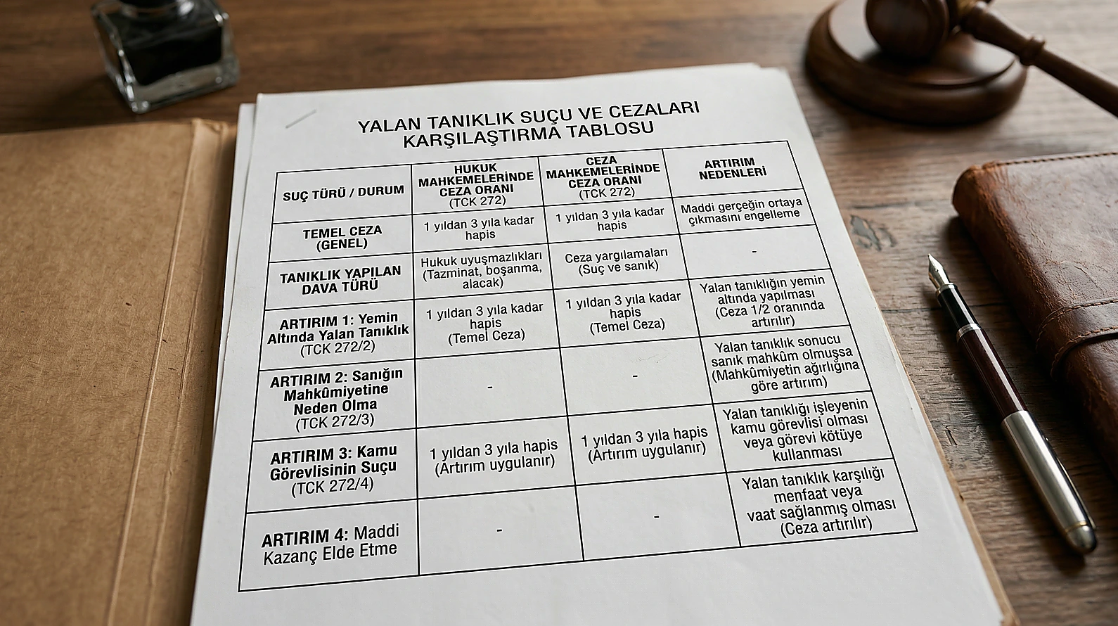 Yalan tanıklık suçu ceza oranları ve artırım halleri tablosu.