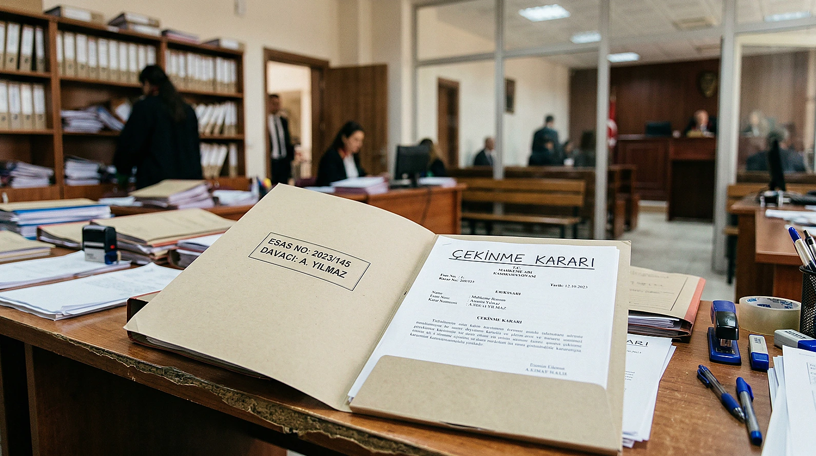 Hâkimin yasaklılığı ve çekinme kararını temsil eden profesyonel hukuki görsel.