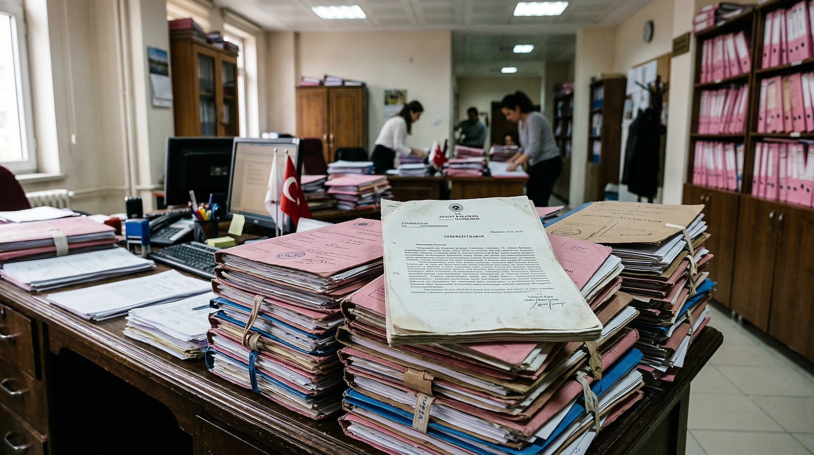 Mahkeme karar süreçlerini ve terditli dava dosyalarını yansıtan editoryal görsel.